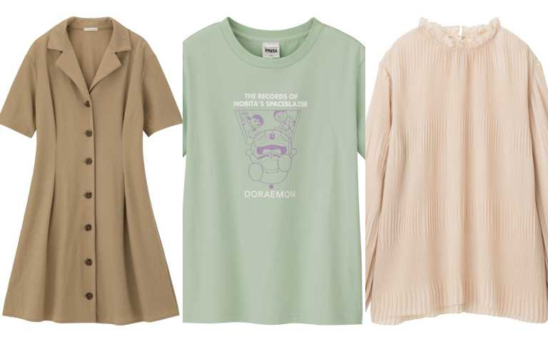 （左）2way鈕釦連身裙 NT890、（中）印花T恤DORAEMON NT290、（右）百褶設計上衣 NT390