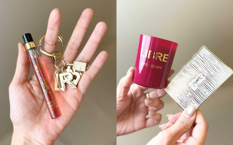 如果買自由不羈沁心之果香水50ml+限量色唇膏的組合,可獲贈迷你蠟燭&化妝鏡、買自由不羈沁心之果香水90ml+限量色唇膏,能把10ml針管香水和金奢鑰匙圈一起帶回家喔。(圖/吳雅鈴攝)
