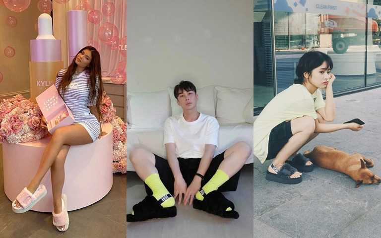 陳孫華老師、時尚名模Kylie Jenner與中國女星沈月也都分別穿上DISCO厚底毛絨拖鞋示範不同的穿搭風格。（圖／UGG）  