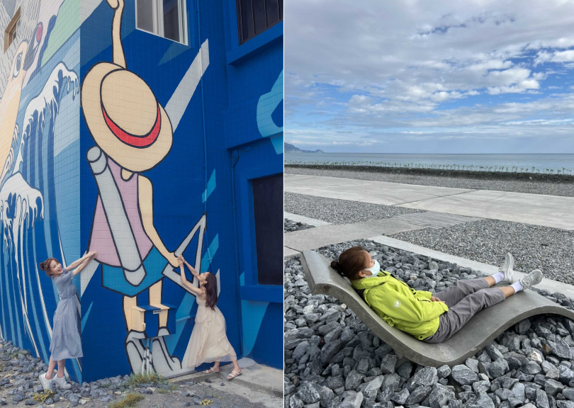 假裝拉著彩繪牆小男孩的衣角一起攀登澳花瀑布（左），右為園區新體驗「在海景第一排，”躺著”看海」。