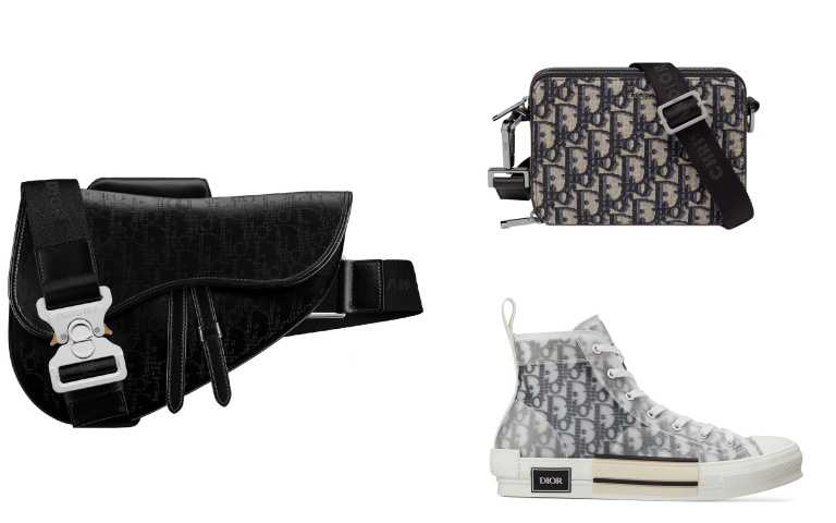 DIOR 男裝經典之作，包括以經典 Dior Oblique 藍色斜紋緹花帆布拼接黑色粒紋小牛皮打造的拉鍊方包，與同款卡片夾和最初引領熱潮的 B23 休閒鞋實現諧和視覺。最新的 B30 運動鞋呈現極具時代感的曲線輪廓，考究的 CD 標誌源引當代法國美學，打造兼容優雅與動感的造型設計。(圖／品牌提供)  