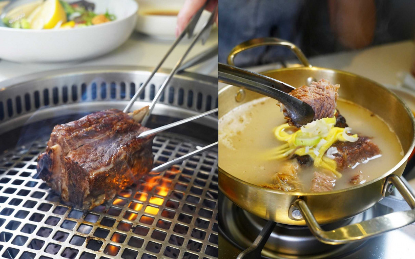 「燒烤牛肋骨鍋」會先燒烤（左）再入鍋與雪濃湯混合，油潤的牛肉帶有鮮明焦香。（套餐＋350元可升級，圖／魏妤靜攝）