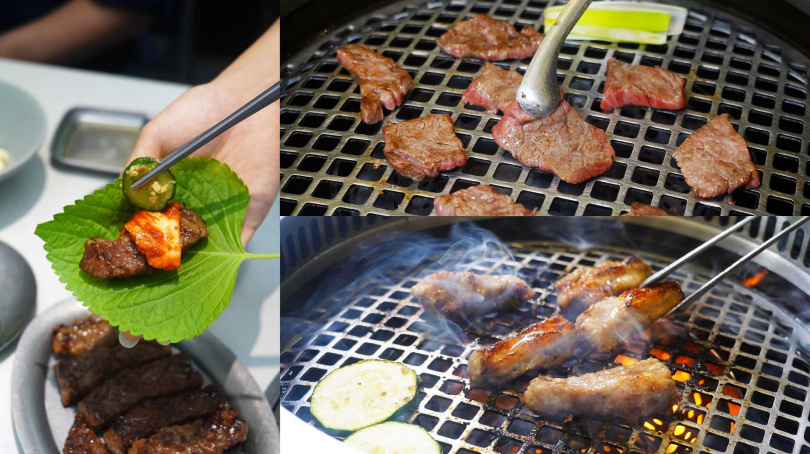 以新鮮水梨醬和蘋果醃漬入味的「漢陽特製牛小排」（左）、日本F1國產牛「貝身肉」（右上）與「伊比利豬肋條」。（MAGIC雙人套餐肉品，圖／魏妤靜攝）