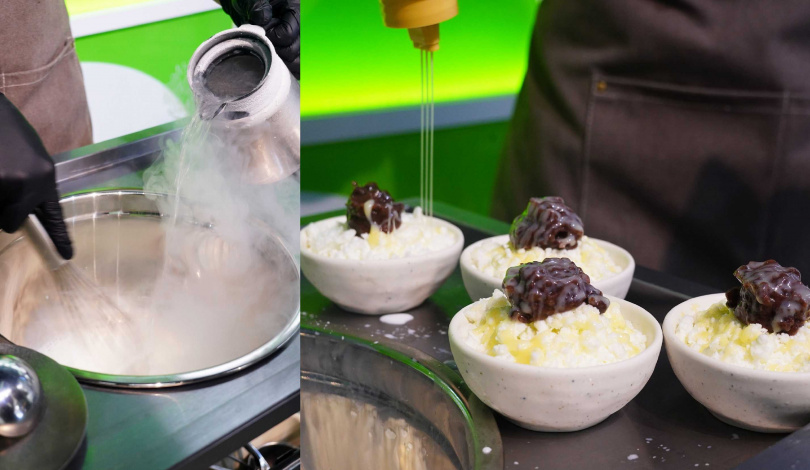 「紅豆牛奶跳跳冰」由專人桌邊現製，營造煙霧瀰漫效果。（套餐＋119元可升級、含2人份，圖／魏妤靜攝）