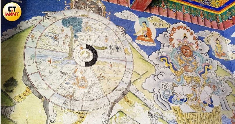 在藏傳佛教寺院常可見勸人為善的「六道輪迴」壁畫,也提醒黑美寺內部禁止拍照、部分外觀可依當地導遊指示拍攝。(圖/魏妤靜攝)