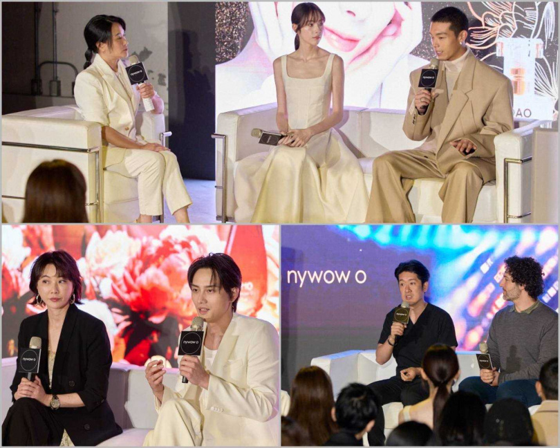 「牡丹花后油」全球發表會現場,品牌 nywow o 邀請金鐘新人林奕嵐與多位專家登台對談,分享科技與植物交織的美學哲學。沉浸式光影與花卉意象交融,展現品牌獨到的感官敘事。(圖/nywow o提供 )