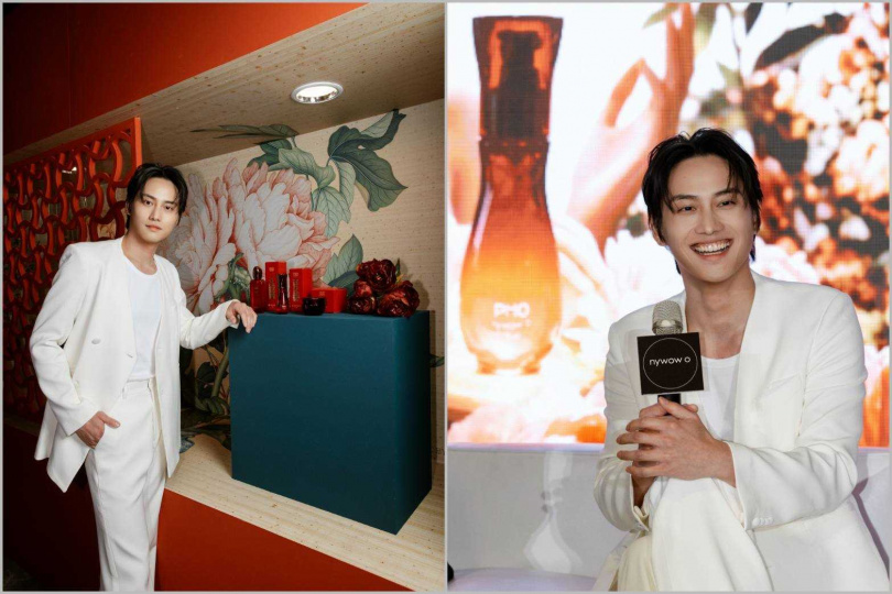 范少勳用牡丹花后油提亮底妝,蘭花油混身體乳打造自然光感肌膚,線條更明顯。(圖/nywow o提供 )