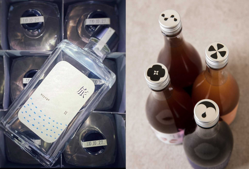   「旅 II」（左）同樣使用「吉野一號」蒸餾並加入馬告，而「地瓜的好朋友」水果釀酒系列（右），瓶蓋頗具特色。  