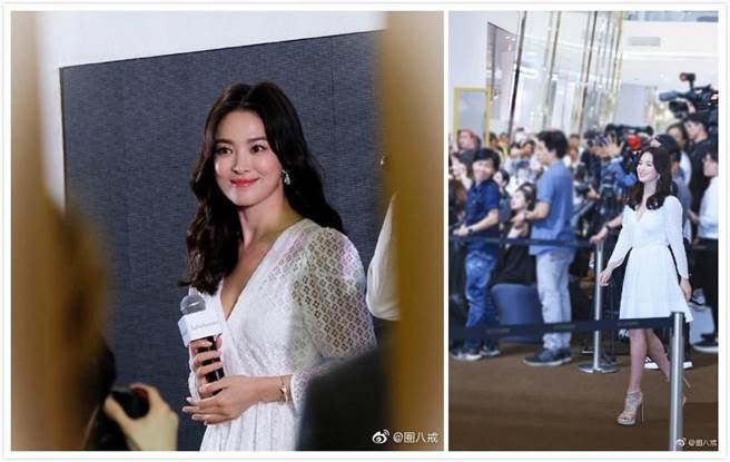 宋慧喬著白色紗裙現身,看起來氣色不錯。(圖/翻攝自微博)