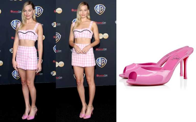 瑪格羅比腳上穿的Christian Louboutin Me Dolly粉色漆皮穆勒鞋／25,800元（圖／品牌提供、取自margotrobbieess IG）
