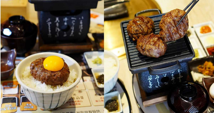 「焱の挽肉」以乾爽分明的越光米和可生食級雞蛋搭配漢堡排，圖為「日本A5和牛挽肉定食」。（圖／魏妤靜攝）
