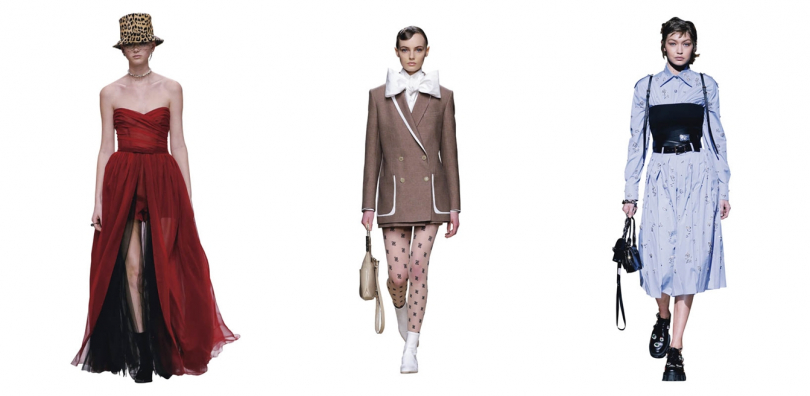 （左）Dior。（中）Fendi 簡約的正裝搭配蝴蝶領結，日常風格也能走出新意。（右）Prada 襯衫、長裙布滿華麗鑽飾，讓秋冬不再沉悶。