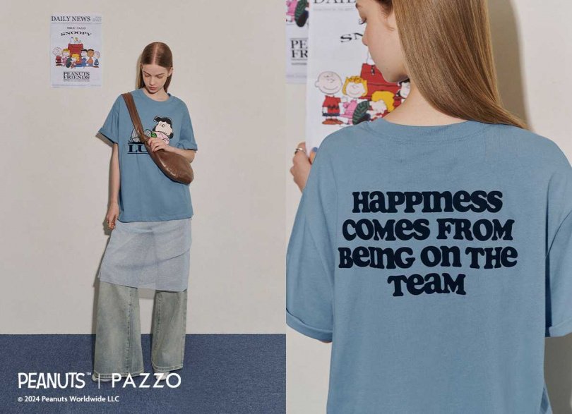 PAZZO X PENUTS 經典人氣角色TEE，搭配微厭世的日常，搭配標語「HAPPINESS COMES FROM BEING ON THE TEAM」適合全家人一同享受幸福TIME。