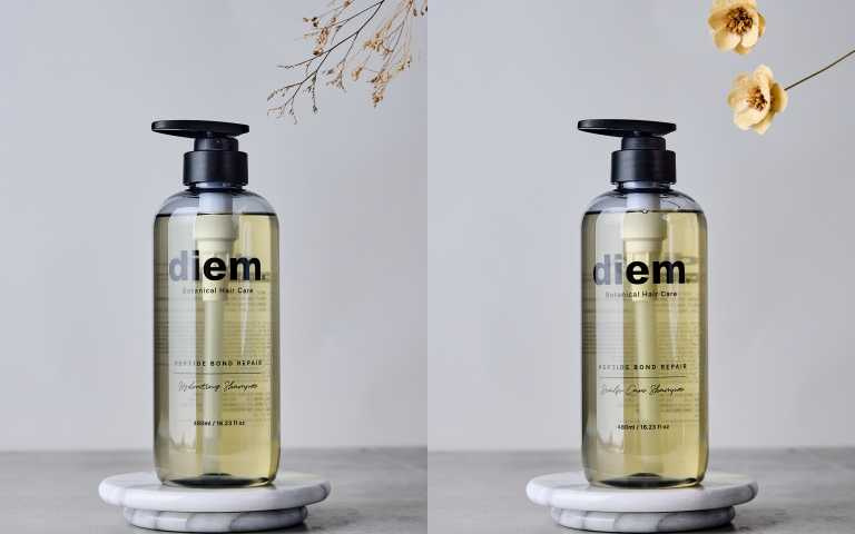 diem水潤亮澤洗髮精480ml / 450元、diem頭皮滋養洗髮精480ml / 450元。(圖/品牌提供)