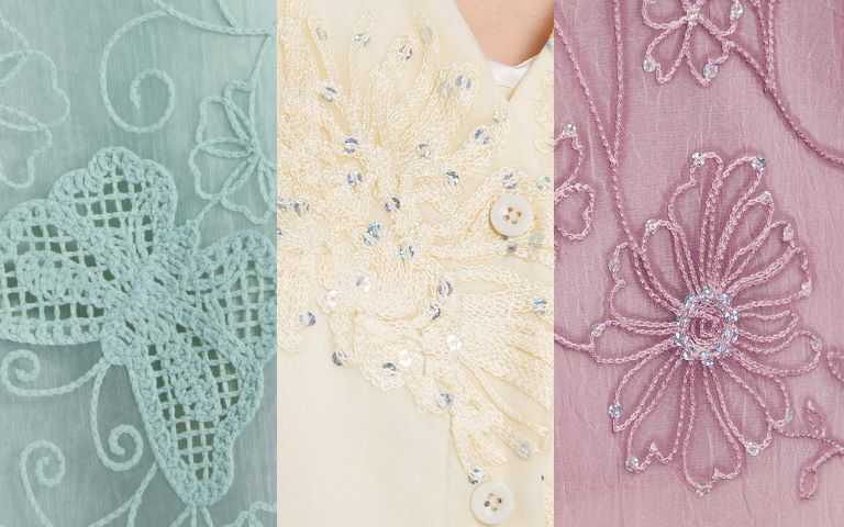 「雲紗緞光緹花精繡上衣」層層堆疊的立體浮雕刺繡工藝，展現獨特結構美學。（圖片提供／SiOHER熹歐禾官方）