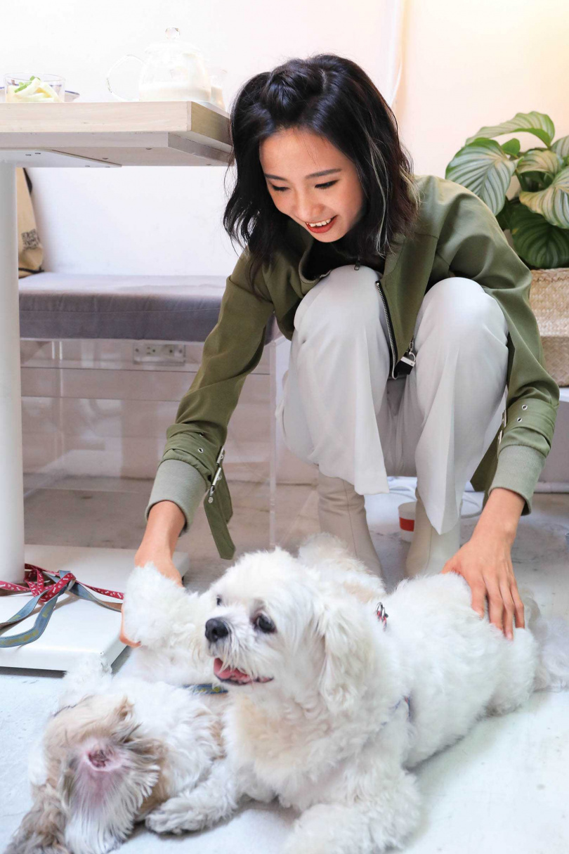 身為愛狗一族的陳忻玥，習慣有空時一直待在家陪麻糬和QQ，兩隻毛小孩也常跑進她房間撒嬌討玩。（圖／焦正德攝）