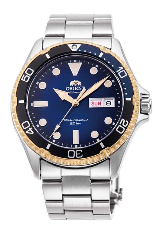 Orient東方錶RA-AA0815L，全球限量2,800只，黑色錶圈搭配藏青色區段，外圍大膽使用金色點綴沉穩的海軍藍漸層錶盤，盡顯前衛奢華氣息。