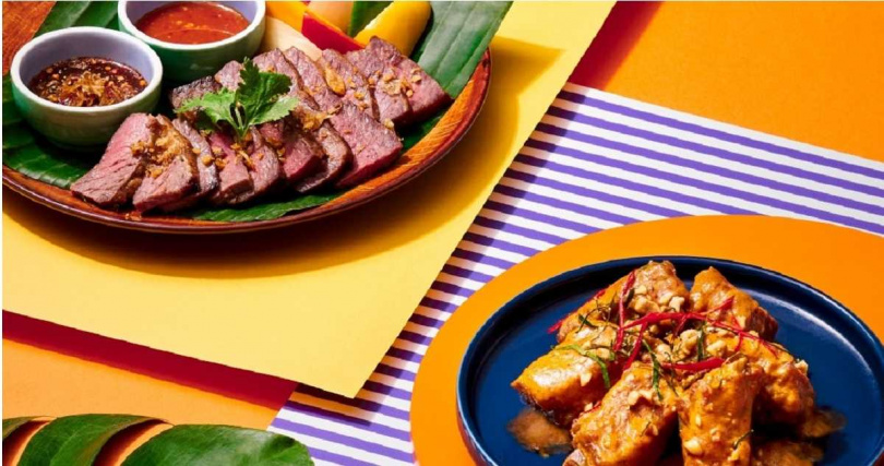 饗泰多天母店限定菜色「泰烤無骨牛小排」（左）、「帕能咖哩燴肋排」。