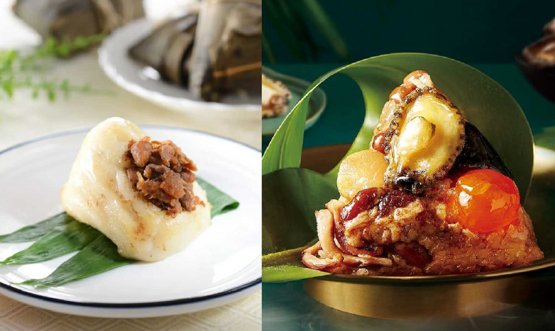 紅豆食府「客家粿粽」（左，特價335元／5入）、黑橋牌「極品鮑魚干貝粽禮盒」。（200元／1入，圖／台灣樂天市場提供）