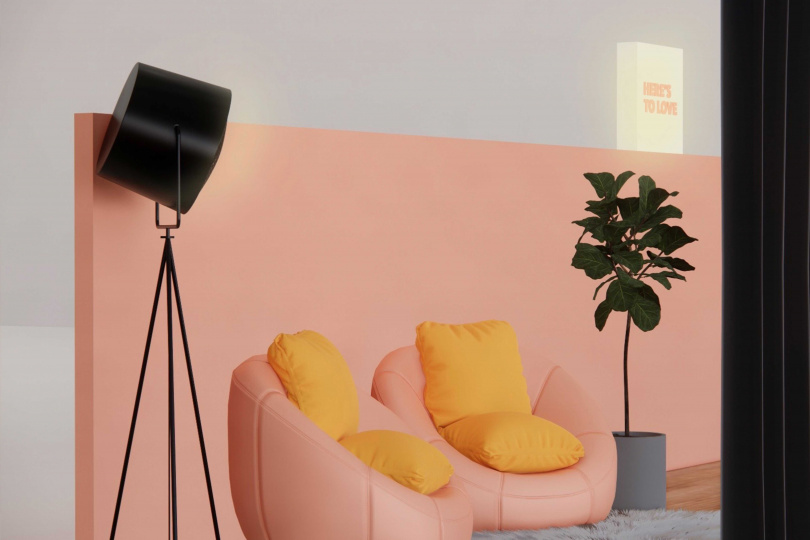 全店配色以居家風格及品牌色粉橘色延伸，將整體氛圍營造成讓人放鬆、愜意的視覺感受。