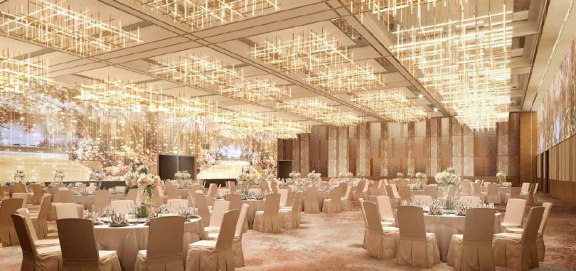 台北漢來大飯店宴會廳擁可同時容納1,200人的7.5米挑高無樑柱空間，圖為南港宴會廳模擬圖。（圖／漢來美食提供）