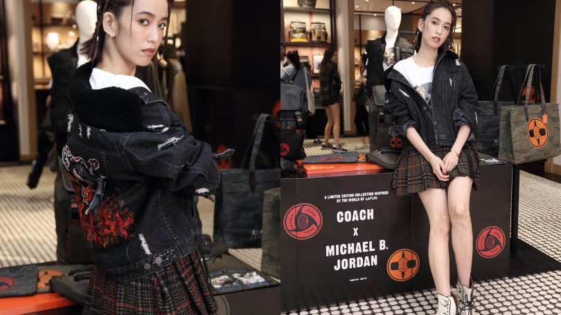 陳庭妮身穿COACH X MBJ 黑色丹寧夾克／32,800元、上衣／3,900元、COACH 白色綁帶鏈條短靴／23,800元。（圖／品牌提供）