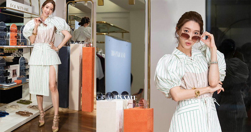 Seivson 2020春夏最新款：條紋裙裝以大膽的立體剪裁搭配可拆泡泡袖，時髦風格超適合年末跑趴。（圖／品牌提供）