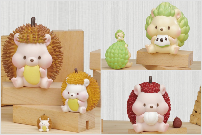 Jinart 水果刺蝟 PLUS⁺ 軟膠公仔左起榴槤，釋迦，荔枝。（圖／品牌提供）