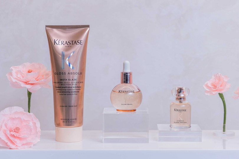 巴黎卡詩釉光香頌系列三品項：釉光香頌髮乳、#小粉球 釉光香頌玫瑰護髮精油、釉光香頌髮香水。（圖／品牌提供）
