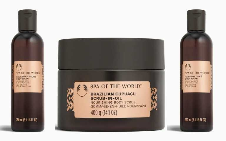 The Body Shop 保加利亞SPA牡丹靜心沐浴膠/ 620元、The Body Shop 巴西SPA古布阿蘇身體磨砂膏/ 1,680元、The Body Shop 大溪地SPA香蘭歡愉沐浴膠/ 620元（圖／品牌提供）