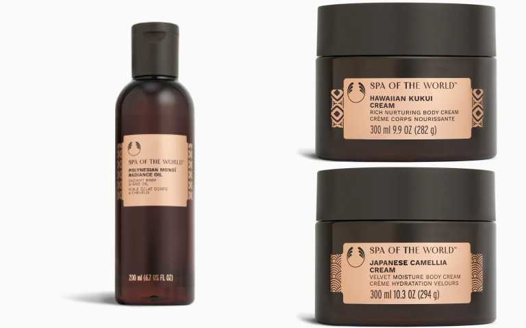 The Body Shop 玻里尼西亞SPA莫諾伊3效精華油 / 1,380元、The Body Shop 夏威夷SPA堅果油修護美膚霜 / 1,950元、The Body Shop 日本SPA山茶花鎖水美膚霜 / 1,950元（圖／品牌提供）