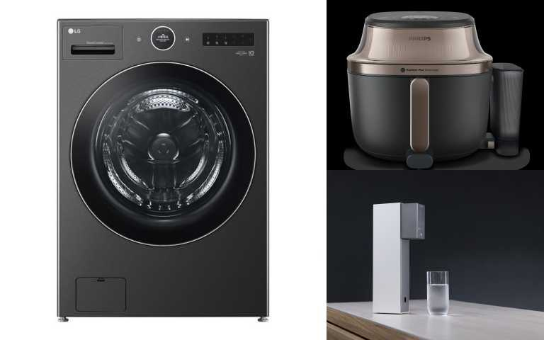 集雅社 LG 22公斤滾筒洗衣機AI DD™蒸洗脫WD-S22FHDB 推薦價94,000元（新品上市）、PHILIPS 星視界Plus透視蒸氣海星氣炸鍋7.2L NA547 特價10,990元 原價14,990元（73折，新品上市，21起預購）（圖／業者提供）&nbsp;&nbsp;