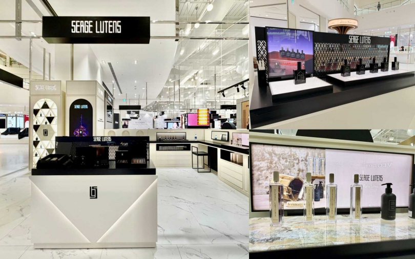 Serge Lutens在台首間櫃點整體空間採用品牌最具代表性的的經典黑色與米色配色，營造出洗鍊且鮮明的法式氛圍。（圖／品牌提供）