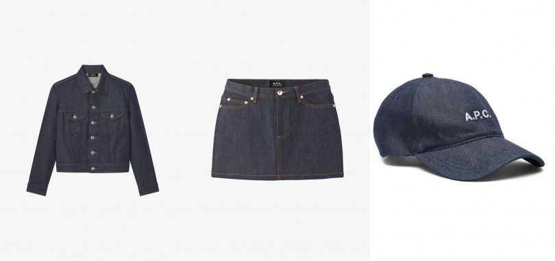 左：A.P.C. DION原色彈性經典丹寧夾克／13,800元；中：A.P.C.有機原色丹寧迷你短裙／7,800元；右：A.P.C. CHARLIE日本原色丹寧棒球帽／4,800元（圖／品牌提供）