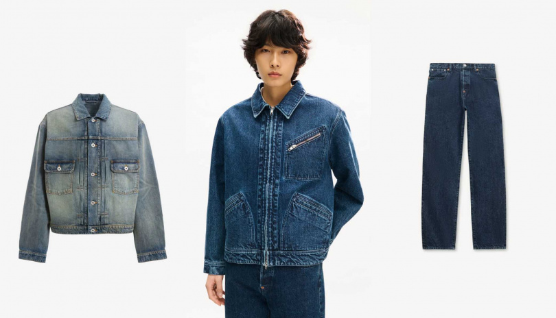 左：KENZO 經典丹寧漂洗藍黑牛仔外套／30,300元；中：KENZO 經典簽名石洗藍拉鍊工裝外套／30,300元；右：KENZO 經典簽名石洗藍直筒褲／18,300元（圖／品牌提供）