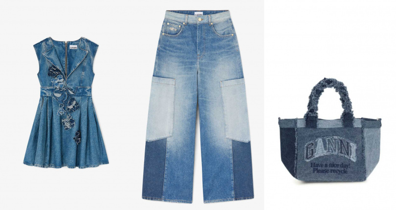 左：GANNI Flower Denim Puff Mini Dress／19,800元；中：GANNI Patchwork Denim Baggy Cargo Jeans／15,800元；右：GANNI Small Trapeze Shopper Denim ／12,800元（圖／品牌提供）