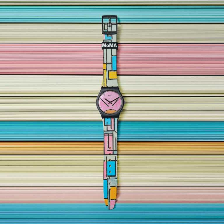 swatch x MoMA特別版腕錶，蒙德里安《橢圓形的彩色平板》╱2,500元。（圖╱swatch提供）