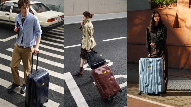 (左至右)Crash Baggage「Icon」系列行李箱(丹寧藍)/12,800元,「Icon Tot」系列行李箱(摩卡慕斯)/13,800元,「Stripe」系列行李箱(晨曦藍)/13,800元(圖/品牌提供)