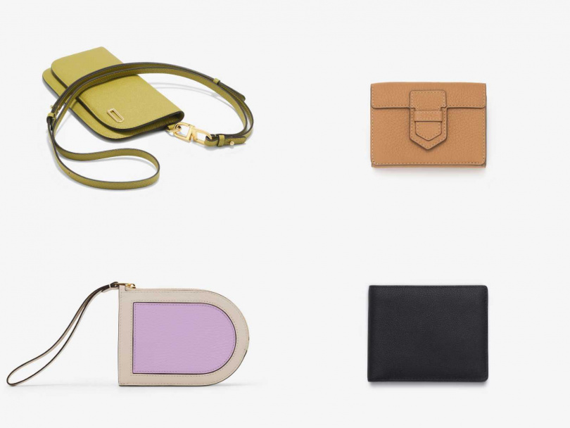 Delvaux Vagabond Adjustable Strap 奇異果綠/14,000元,Presse Trifold Wallet 茶色/21,900元,Pin D Multifonctions 芝麻杏+棉花糖紫/20,000元,Livre Wallet 黑色/21,900元(圖/品牌提供)