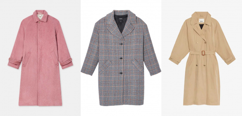 KENZO雲絨印象煙燻粉長大衣、A.P.C.NINON淺灰格紋混紡再生羊毛長版大衣、ISABEL MARANT 細緻桃絨淺褐色長版風衣外套（圖／品牌提供）