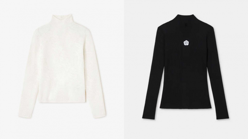 GANNI透視花卉緹花高領針織上衣-白鷺、KENZO BOKE2.0黑色羅紋長袖上衣（圖／品牌提供）