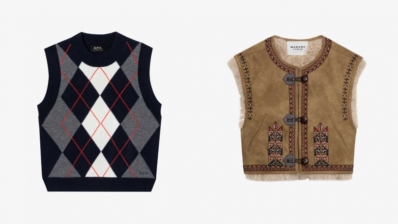 A.P.C.學院菱格深藍初剪羊毛毛衣背心、ISABEL MARANT 民族繡飾褐色絨毛背心（圖／品牌提供）
