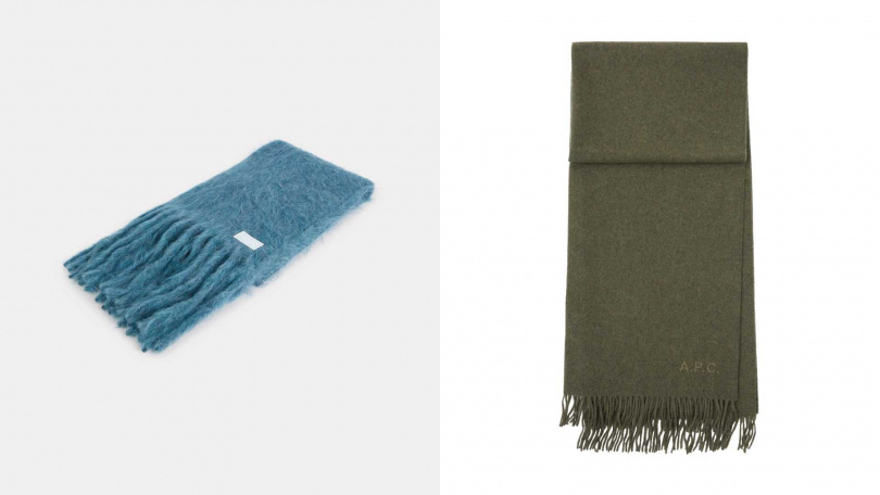KENZO 雲絨印象霧藍色馬海毛圍巾、A.P.C.經典LOGO 墨綠ALIX圍巾（圖／品牌提供）