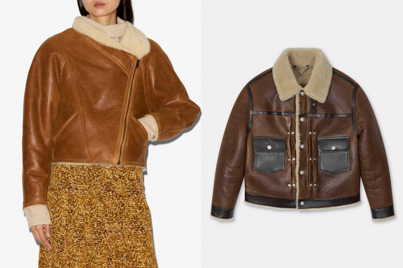 ISABEL MARANT 經典皮革棕色翻領外套、KENZO 皮革工藝棕色羊絨卡車司機外套（圖／品牌提供）