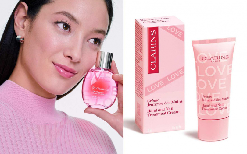 克蘭詩玫瑰精萃定妝噴霧擁愛之名限定版50ml／1,350元、玉手修護霜擁愛之名限定版30ml／350元（圖／品牌提供）&nbsp;