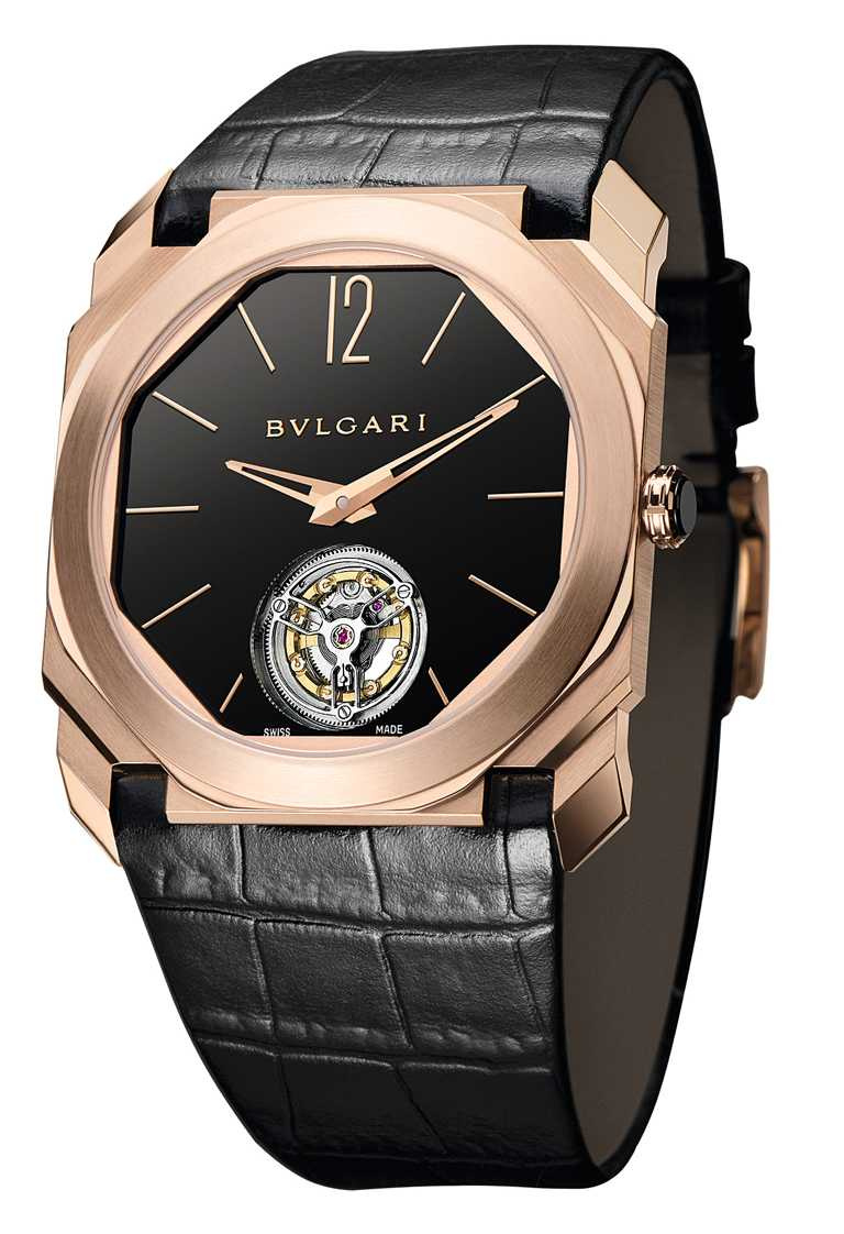 BVLGARI「OCTO FINISSIMO TOURBILLON」超薄陀飛輪腕錶╱3,820,000元。（圖╱BVLGARI提供）