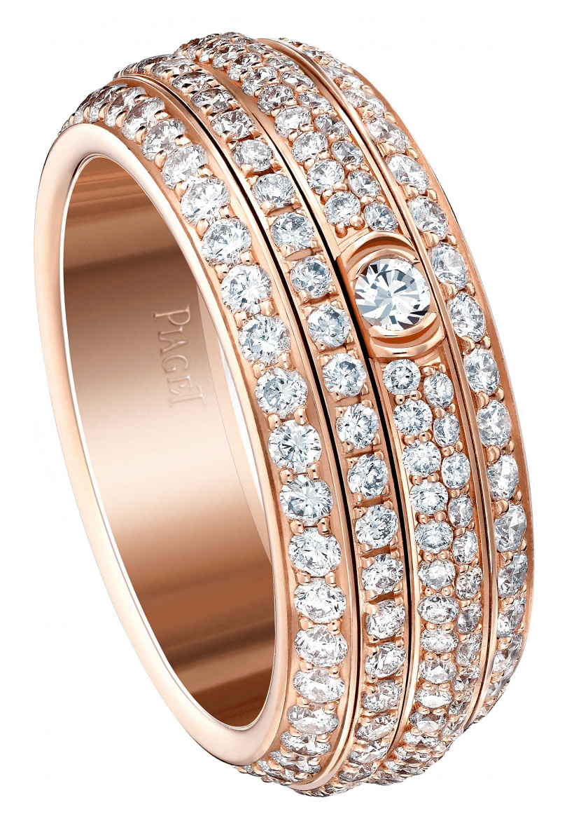 PIAGET「Possession」系列18K玫瑰金鑽石戒指╱550,000元。（圖╱PIAGET提供）