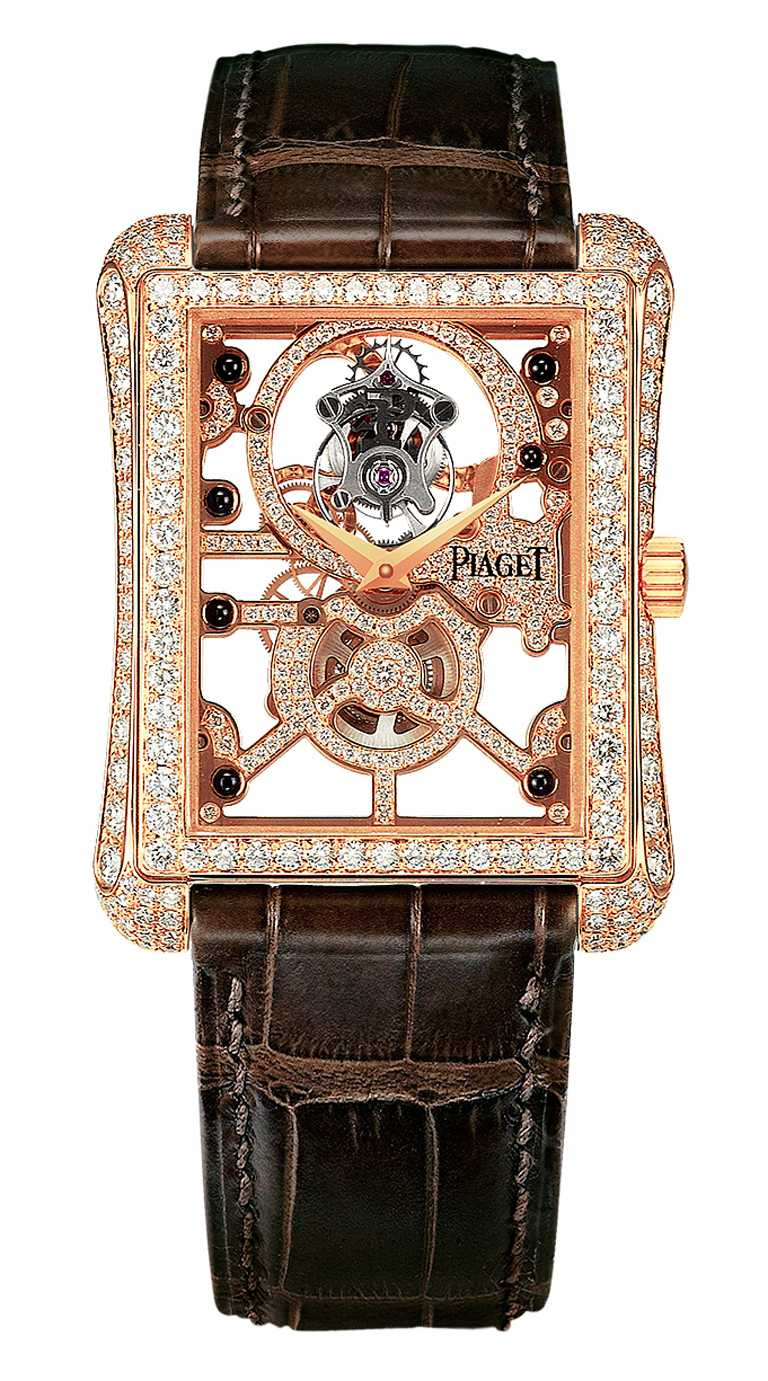 PIAGET「Black Tie Emperador」超薄鏤空飛行陀飛輪頂級珠寶腕錶╱8,050,000元。（圖╱PIAGET提供）