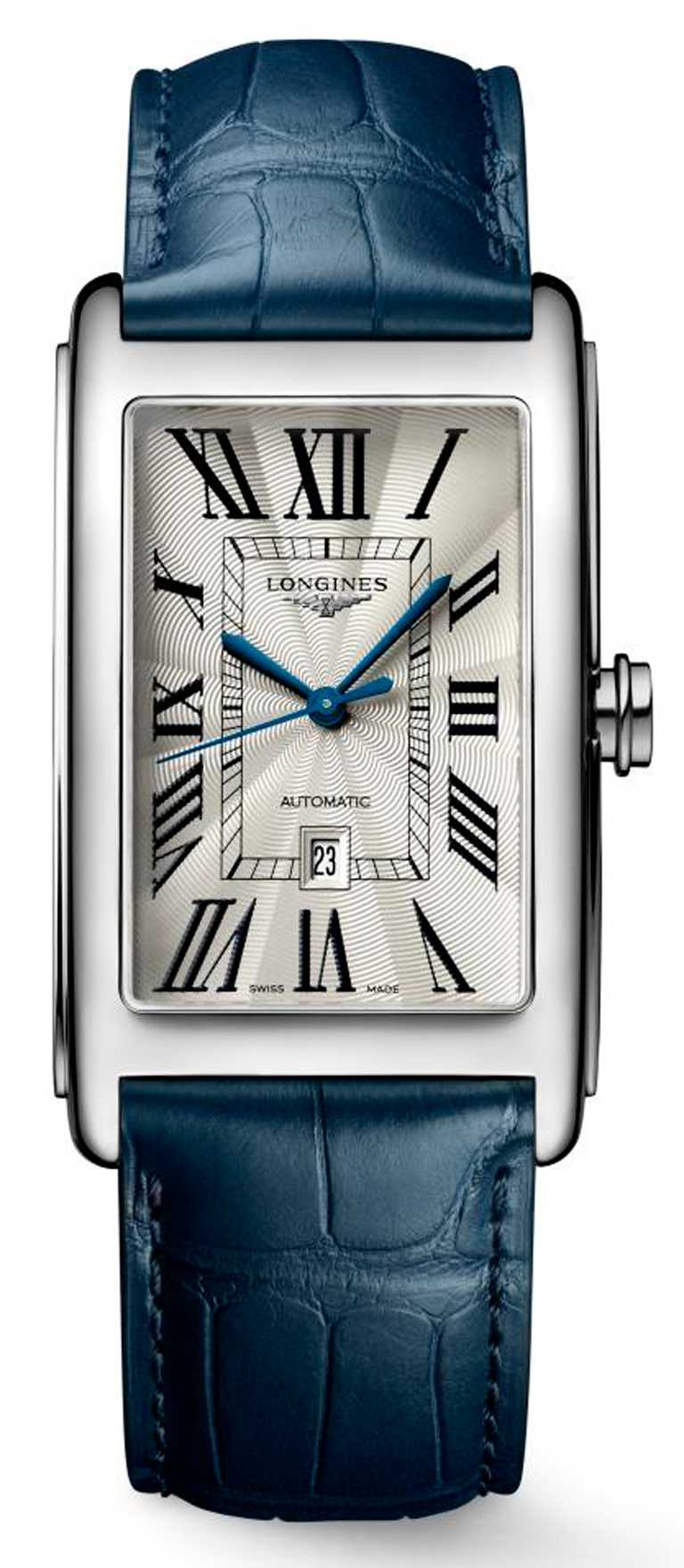 LONGINES「DolceVita多情」系列，銀色面盤羅馬時標男士腕錶，不鏽鋼錶殼，28.2 x47mm，L592自動上鏈機芯，藍色皮革錶帶╱51,900元。（圖╱LONGINES提供）
