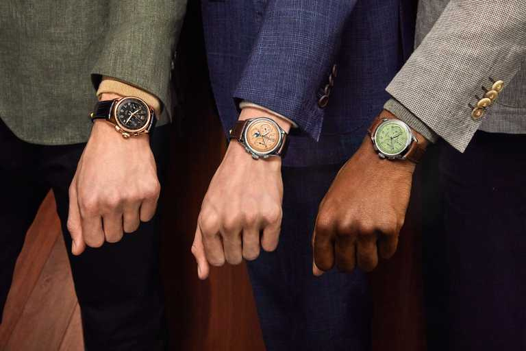 BREITLING「Premier Heritage文化」系列腕錶，（左）B15 Duograph 42毫米追針計時腕錶╱640,000元；（中）B25 Datora 42毫米全日曆計時腕錶╱374,000元；（右）B09 40毫米計時腕錶╱243,000元。（圖╱BREITLING提供）